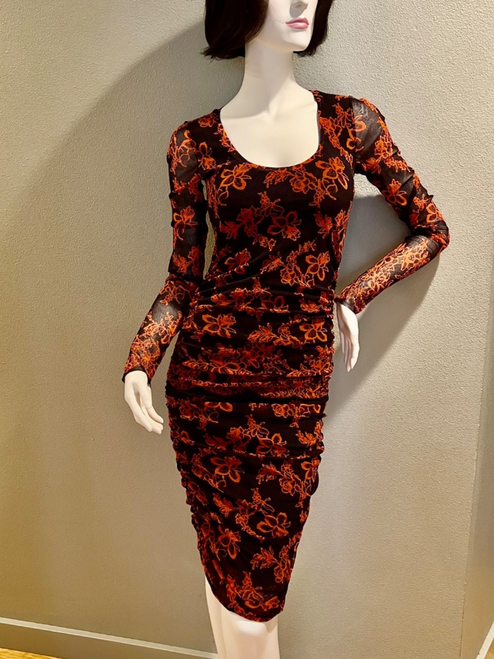 FUZZ SOLEIL BY GAULTIER BLACK & RED RUCHED BODYCON MESH DRESS